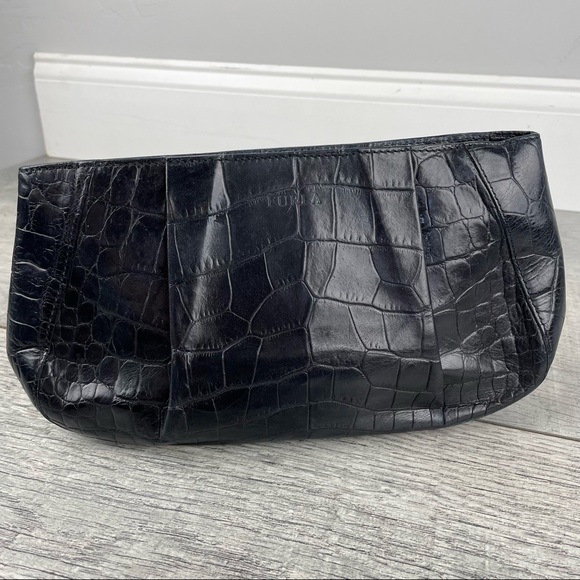 Furla Croc Embossed Black Clutch Bag - Picture 2 of 13